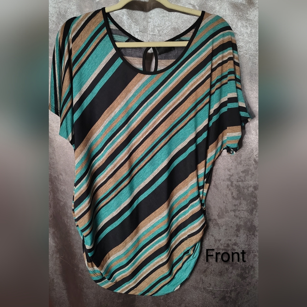 Chic And Slimming Striped Women's Blouse in Black, Teal, and Tan Size Large